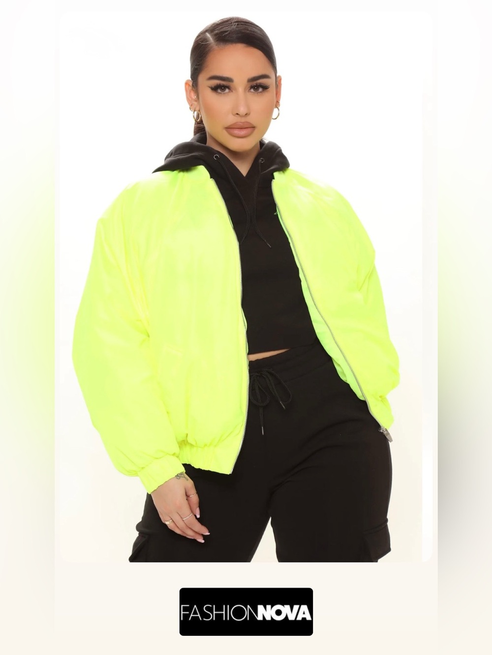 A FashionNova Obsessed With Me Bomber Jacket, Neon Green/Yellow, Size L